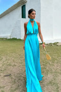 Prom Dress Turquoise Luxurious Satin A Line Halter Deep V Neck With Pleated Slit For Prom Night