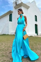 Prom Dress Turquoise Luxurious Satin A Line Halter Deep V Neck With Pleated Slit For Prom Night