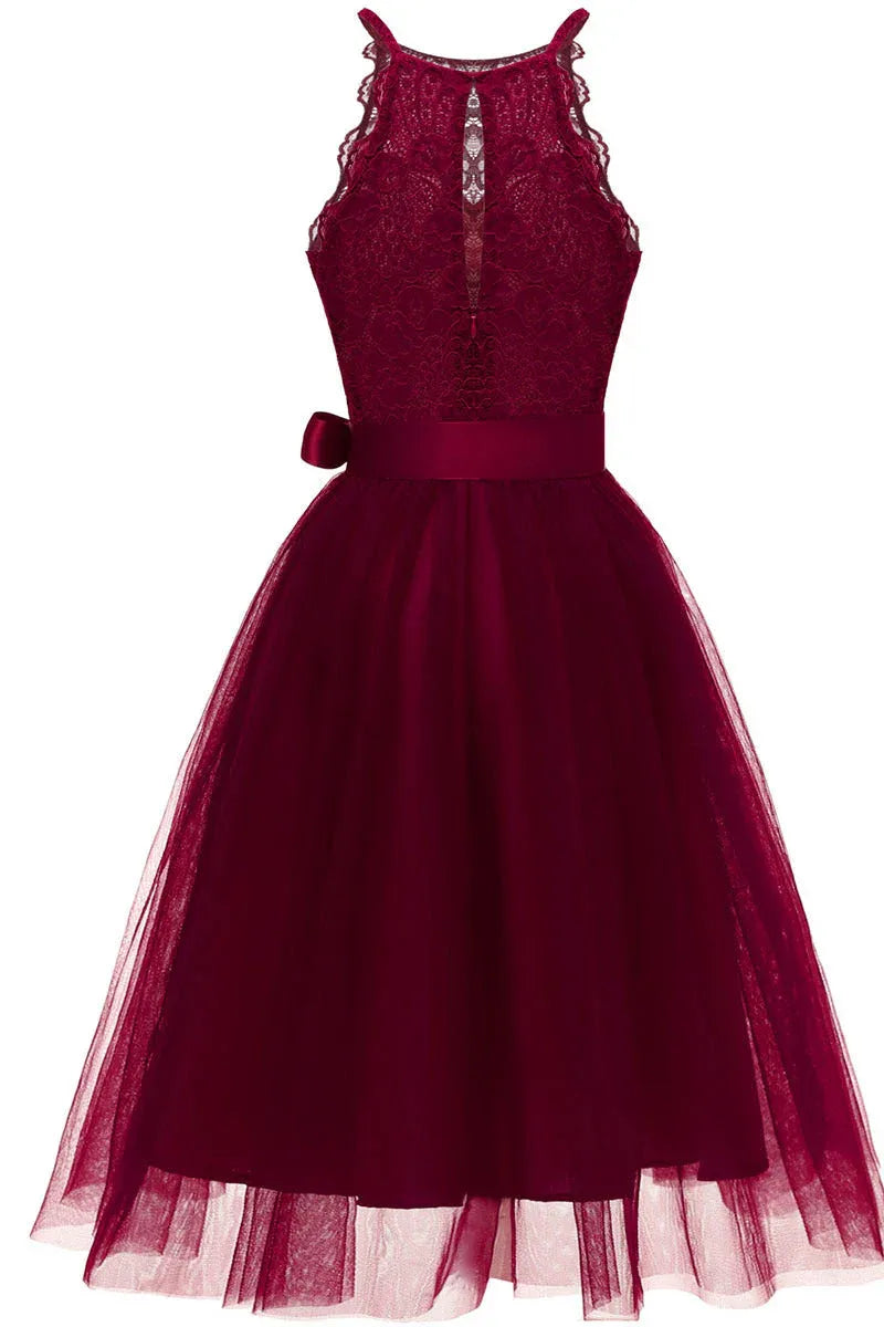 Navy Blue Halter Neck Lace Tulle Homecoming Dress With Satin Bow Elegant A Line For Teens And Young Women