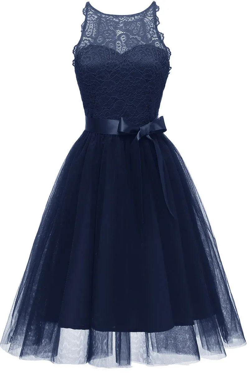 Navy Blue Halter Neck Lace Tulle Homecoming Dress With Satin Bow Elegant A Line For Teens And Young Women
