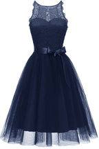 Navy Blue Halter Neck Lace Tulle Homecoming Dress With Satin Bow Elegant A Line For Teens And Young Women