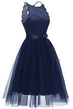 Navy Blue Halter Neck Lace Tulle Homecoming Dress With Satin Bow Elegant A Line For Teens And Young Women