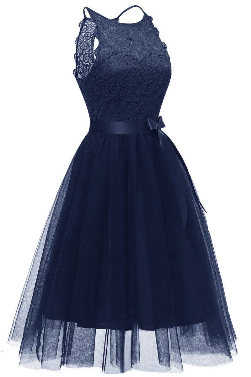 Navy Blue Halter Neck Lace Tulle Homecoming Dress With Satin Bow Elegant A Line For Teens And Young Women