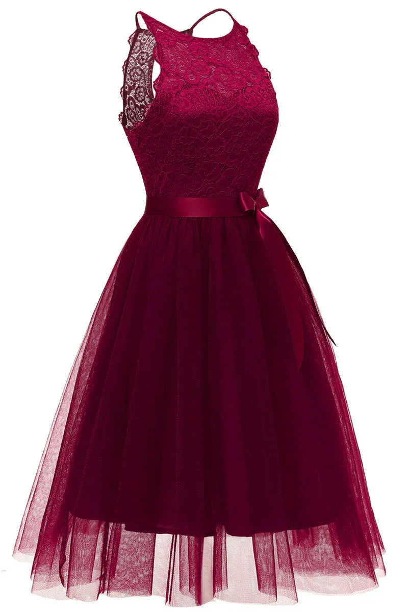 Navy Blue Halter Neck Lace Tulle Homecoming Dress With Satin Bow Elegant A Line For Teens And Young Women