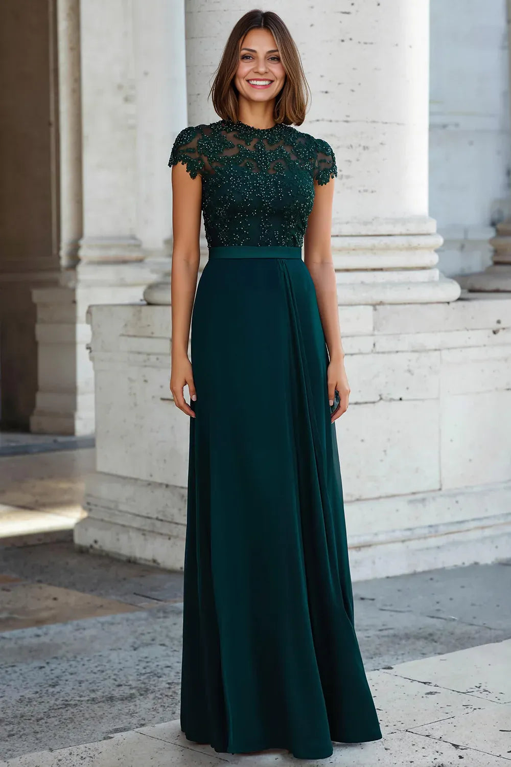 A-Line Halter Neck Short Sleeve Zipper Up Floor-Length Mother of the Bride Dress