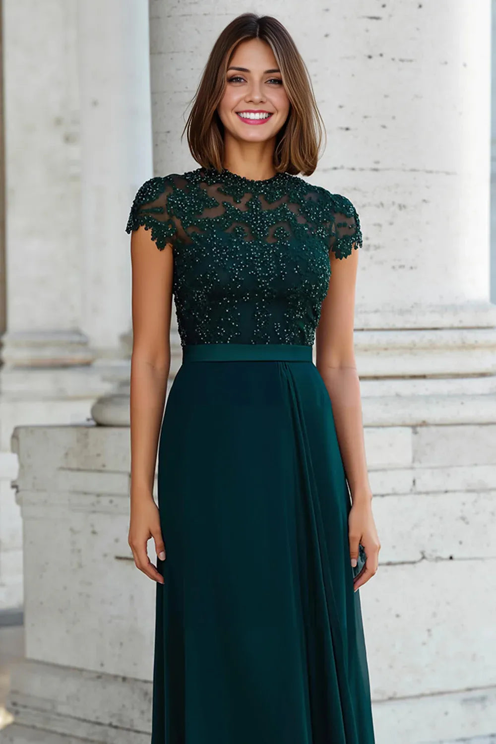 A-Line Halter Neck Short Sleeve Zipper Up Floor-Length Mother of the Bride Dress