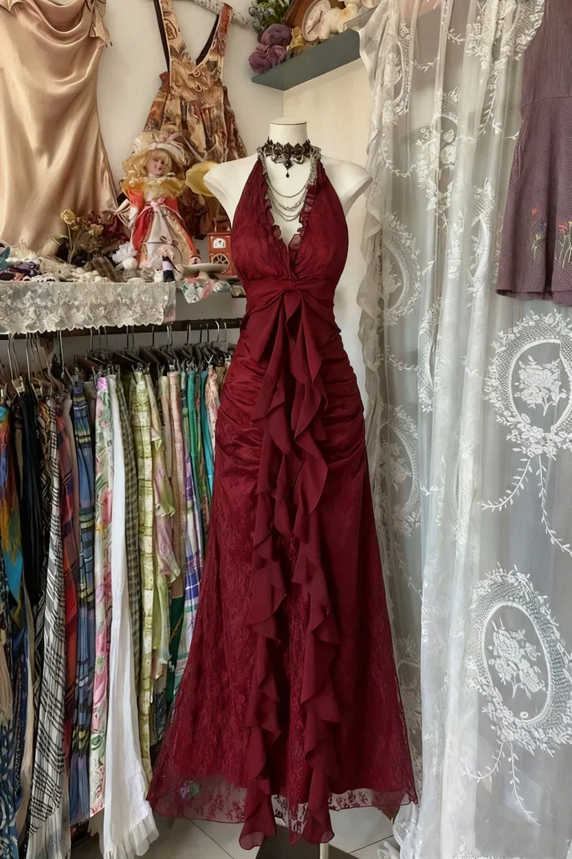 A-Line Halter Neck Sleeveless Backless Floor-Length Evening Dress