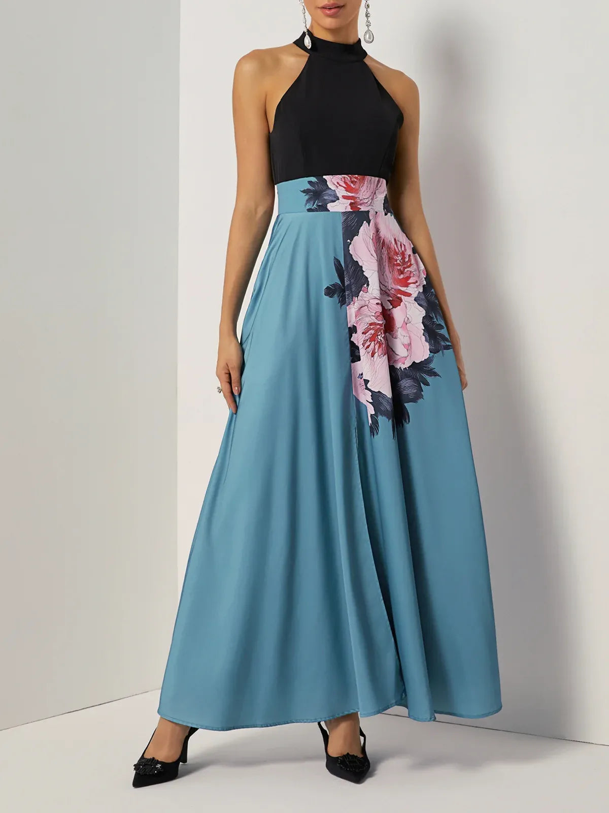 A-Line Halter Sleeveless Zipper Up Floor-Length Evening Dress