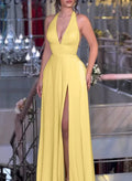 Yellow A Line Prom Dress With Halter V Neck High Slit Pockets For Confident Women