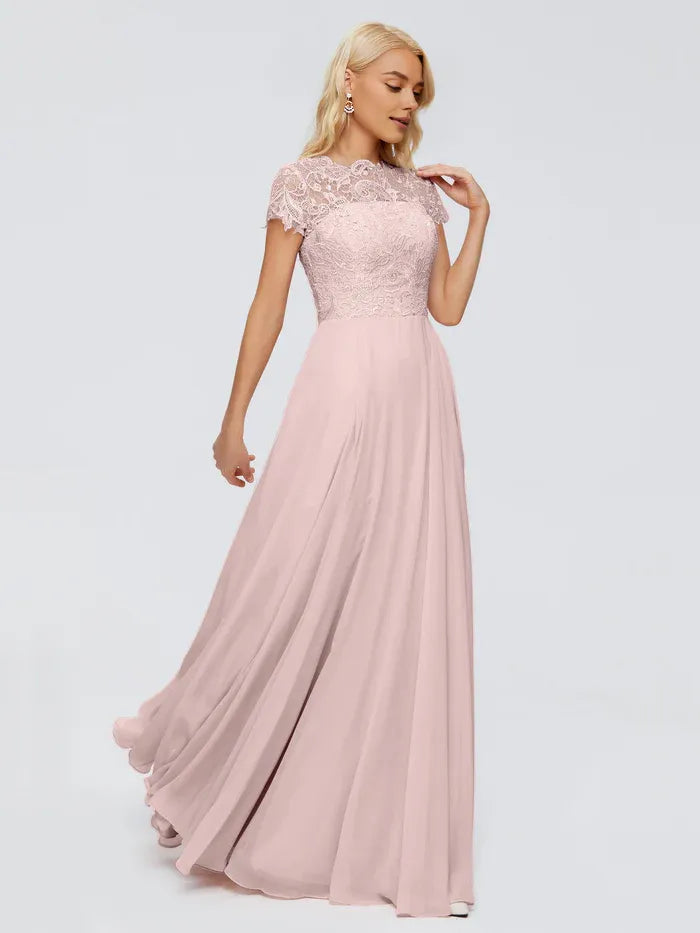 Elegant A-Line High Neck Cap Sleeves Appliques Floor-Length Bridesmaid Dress
