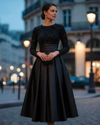 A-Line High Neck Long Sleeve Pleated Tea-Length Prom Dress