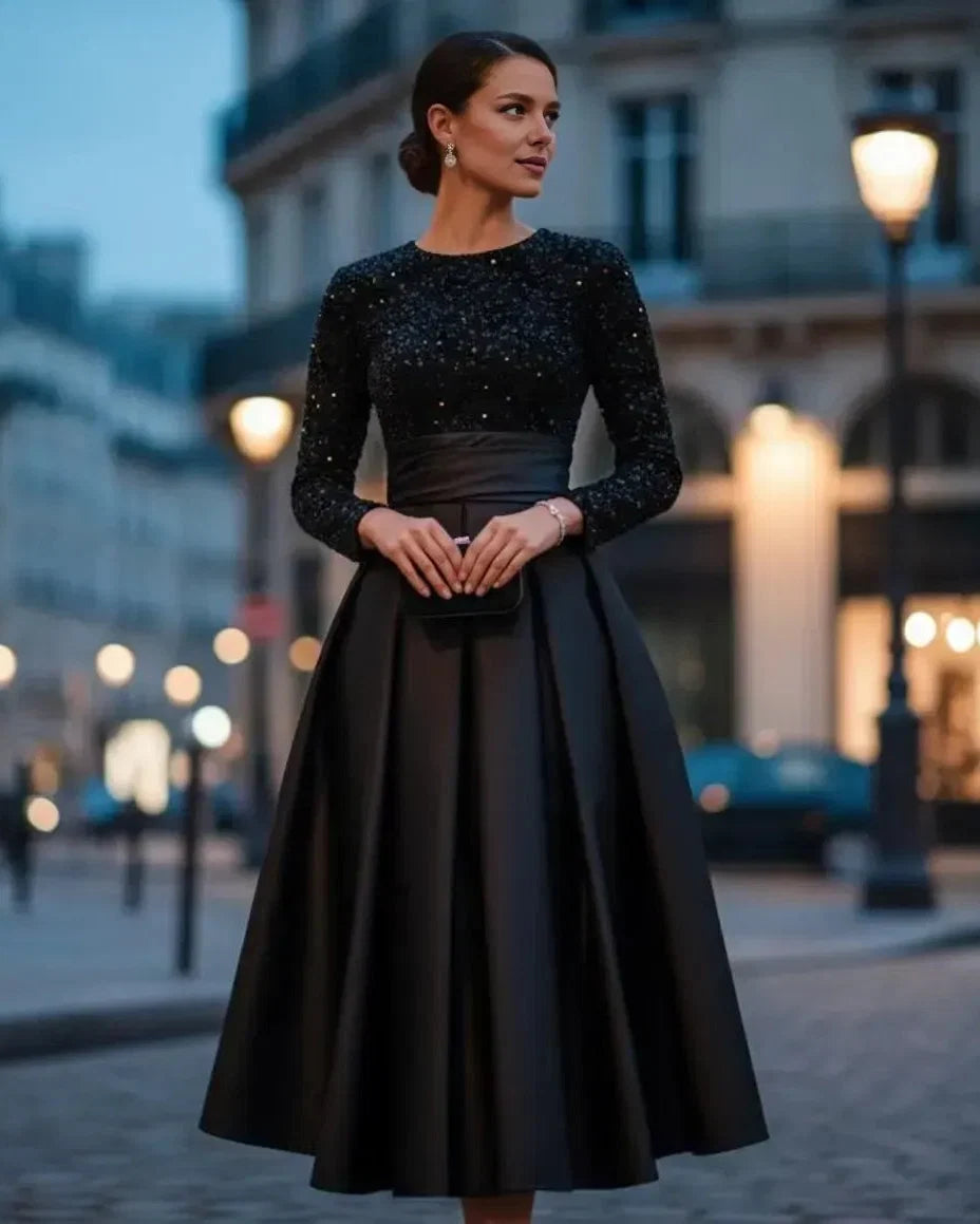 A-Line High Neck Long Sleeve Pleated Tea-Length Prom Dress