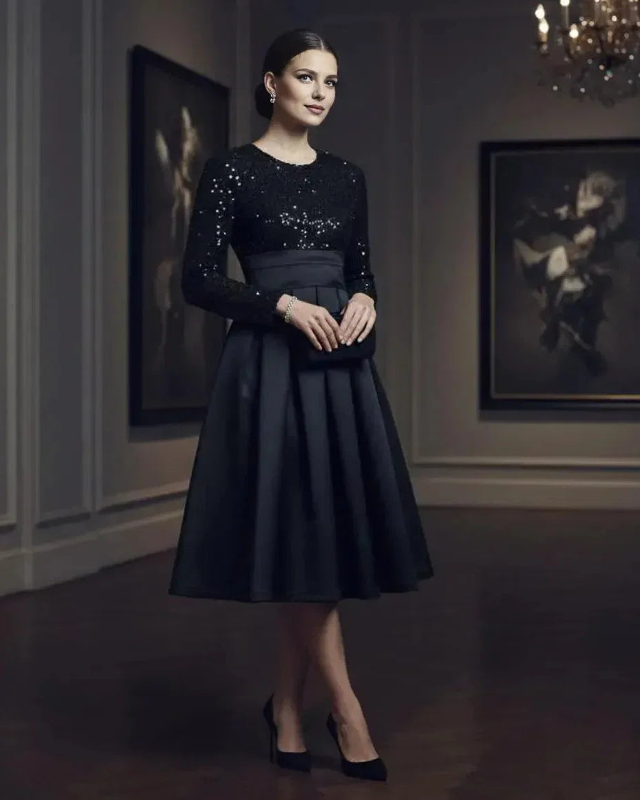 A-Line High Neck Long Sleeve Pleated Tea-Length Prom Dress
