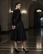 A-Line High Neck Long Sleeve Pleated Tea-Length Prom Dress