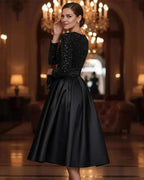 A-Line High Neck Long Sleeve Pleated Tea-Length Prom Dress