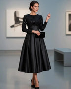 A-Line High Neck Long Sleeve Pleated Tea-Length Prom Dress