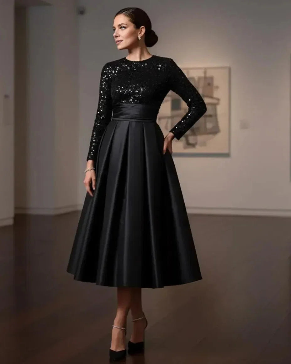 A-Line High Neck Long Sleeve Pleated Tea-Length Prom Dress