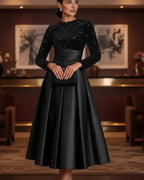 A-Line High Neck Long Sleeve Pleated Tea-Length Prom Dress