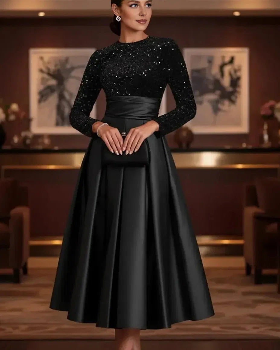 A-Line High Neck Long Sleeve Pleated Tea-Length Prom Dress
