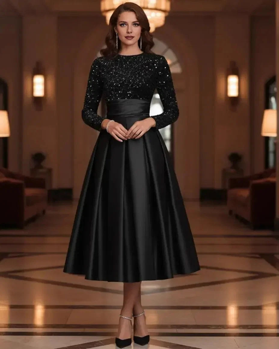 A-Line High Neck Long Sleeve Pleated Tea-Length Prom Dress