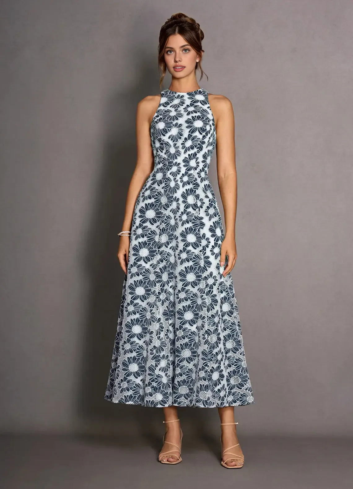 A-Line High Neck Sleeveless Backless Ankle-Length Evening Dress