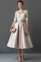 A-Line Hight Neck Sleeve Sheer Back Tea-Length Mother of the Bride Dress