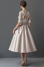 A-Line Hight Neck Sleeve Sheer Back Tea-Length Mother of the Bride Dress