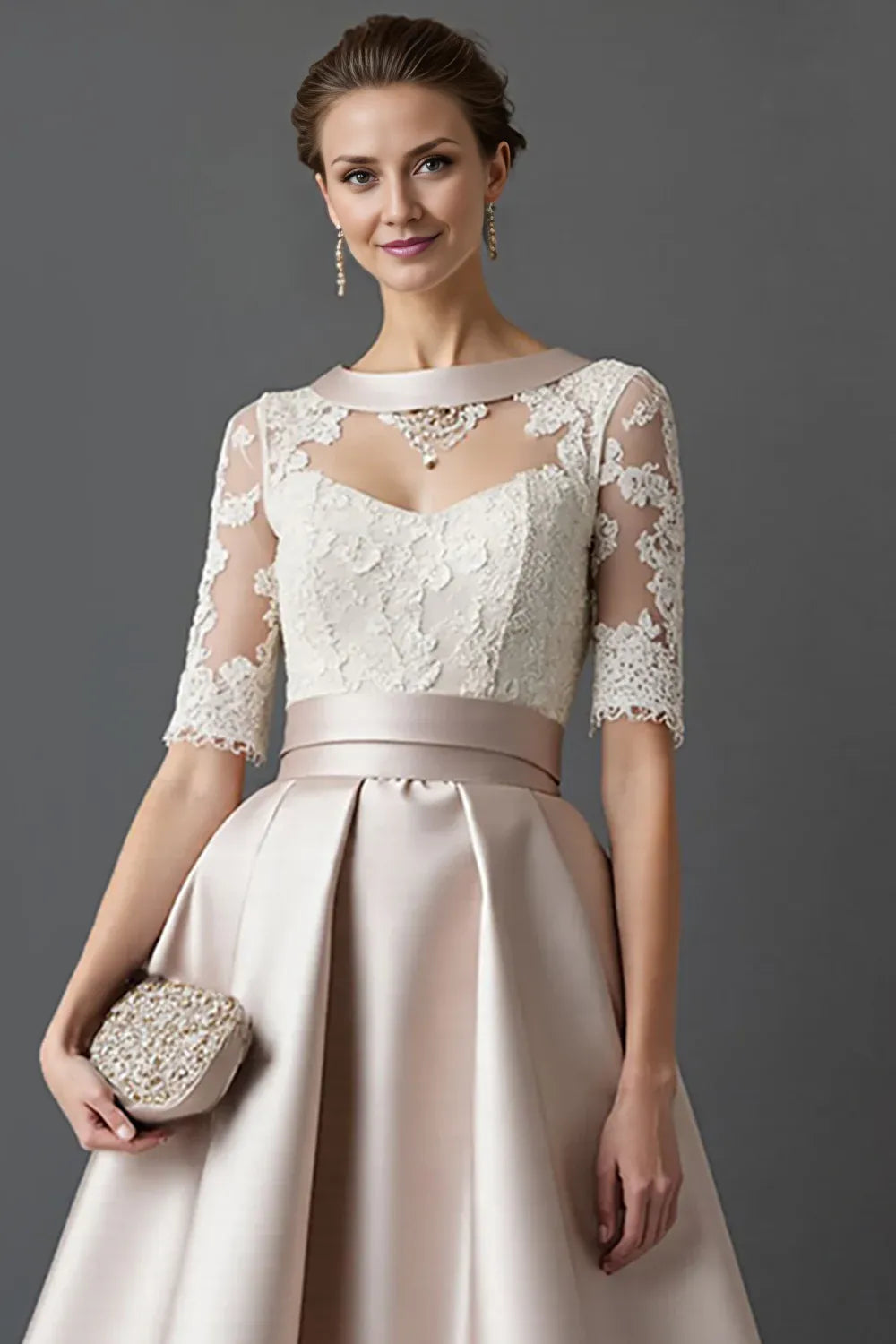 A-Line Hight Neck Sleeve Sheer Back Tea-Length Mother of the Bride Dress