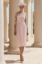 A-Line Illusion Boat Neck Long Sleeve Floral Knee-Length Mother of the Bride Dress