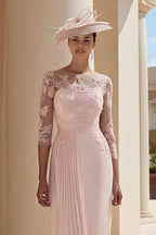A-Line Illusion Boat Neck Long Sleeve Floral Knee-Length Mother of the Bride Dress