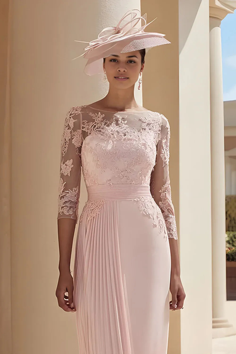 A-Line Illusion Boat Neck Long Sleeve Floral Knee-Length Mother of the Bride Dress