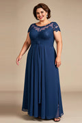 A-Line Illusion Neck Cap Sleeves Zipper Up Floor-Length Plus Size Mother of the Bride Dress