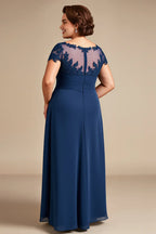 A-Line Illusion Neck Cap Sleeves Zipper Up Floor-Length Plus Size Mother of the Bride Dress