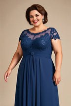 A-Line Illusion Neck Cap Sleeves Zipper Up Floor-Length Plus Size Mother of the Bride Dress