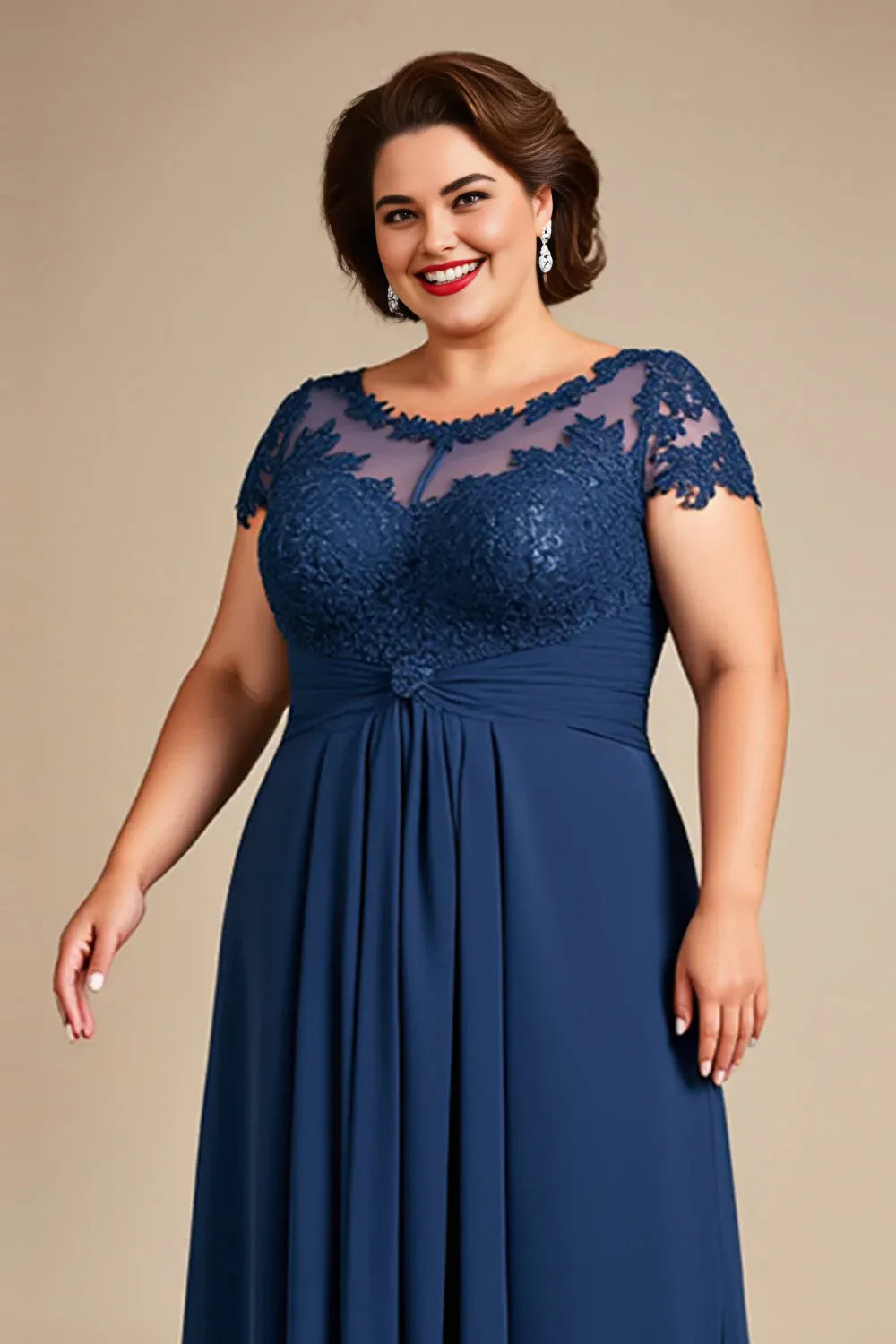 A-Line Illusion Neck Cap Sleeves Zipper Up Floor-Length Plus Size Mother of the Bride Dress