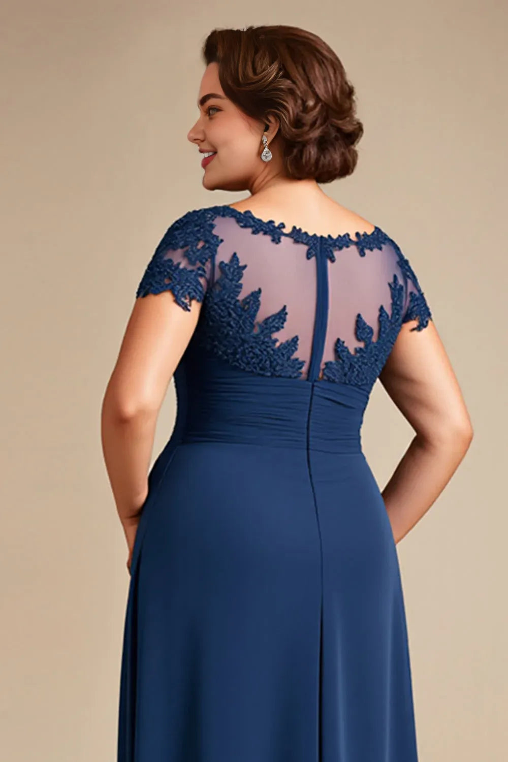 A-Line Illusion Neck Cap Sleeves Zipper Up Floor-Length Plus Size Mother of the Bride Dress