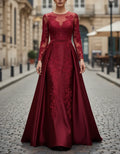 Elegant A-Line Illusion Neck Long Sleeve Lace Burgundy Long Prom Dresses