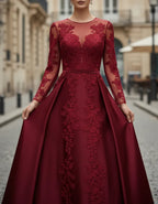 Elegant A-Line Illusion Neck Long Sleeve Lace Burgundy Long Prom Dresses