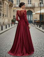 Elegant A-Line Illusion Neck Long Sleeve Lace Burgundy Long Prom Dresses