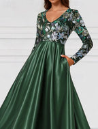 A-Line Long Sleeve V Neck Sequins Floor-Length Mother Of The Bride Dress