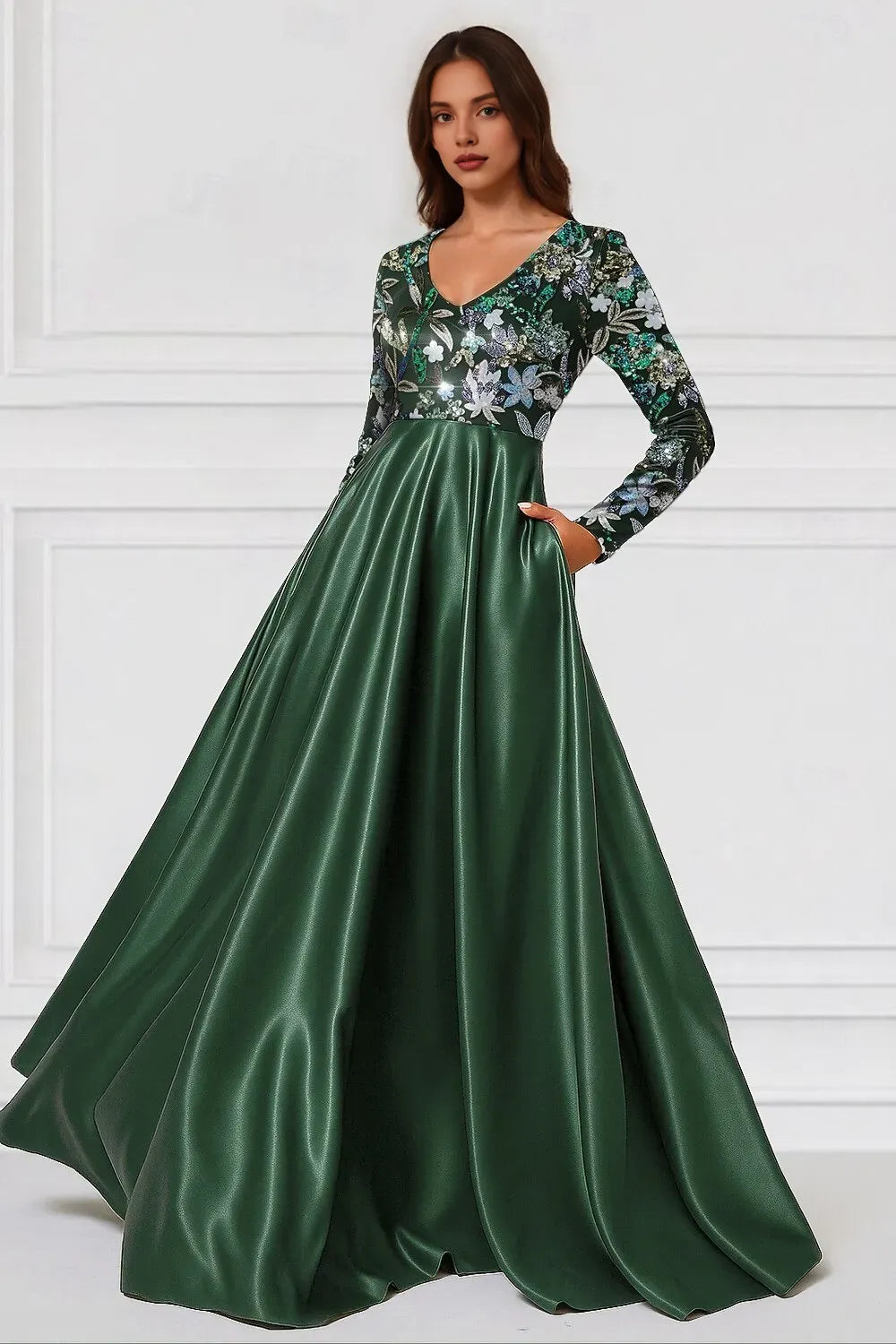 A-Line Long Sleeve V Neck Sequins Floor-Length Mother Of The Bride Dress