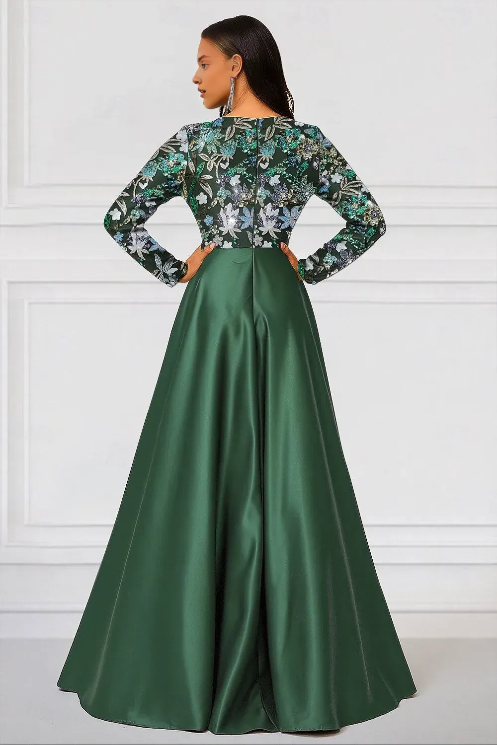 A-Line Long Sleeve V Neck Sequins Floor-Length Mother Of The Bride Dress