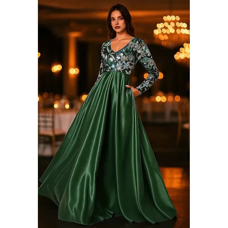 A-Line Long Sleeve V Neck Sequins Floor-Length Mother Of The Bride Dress
