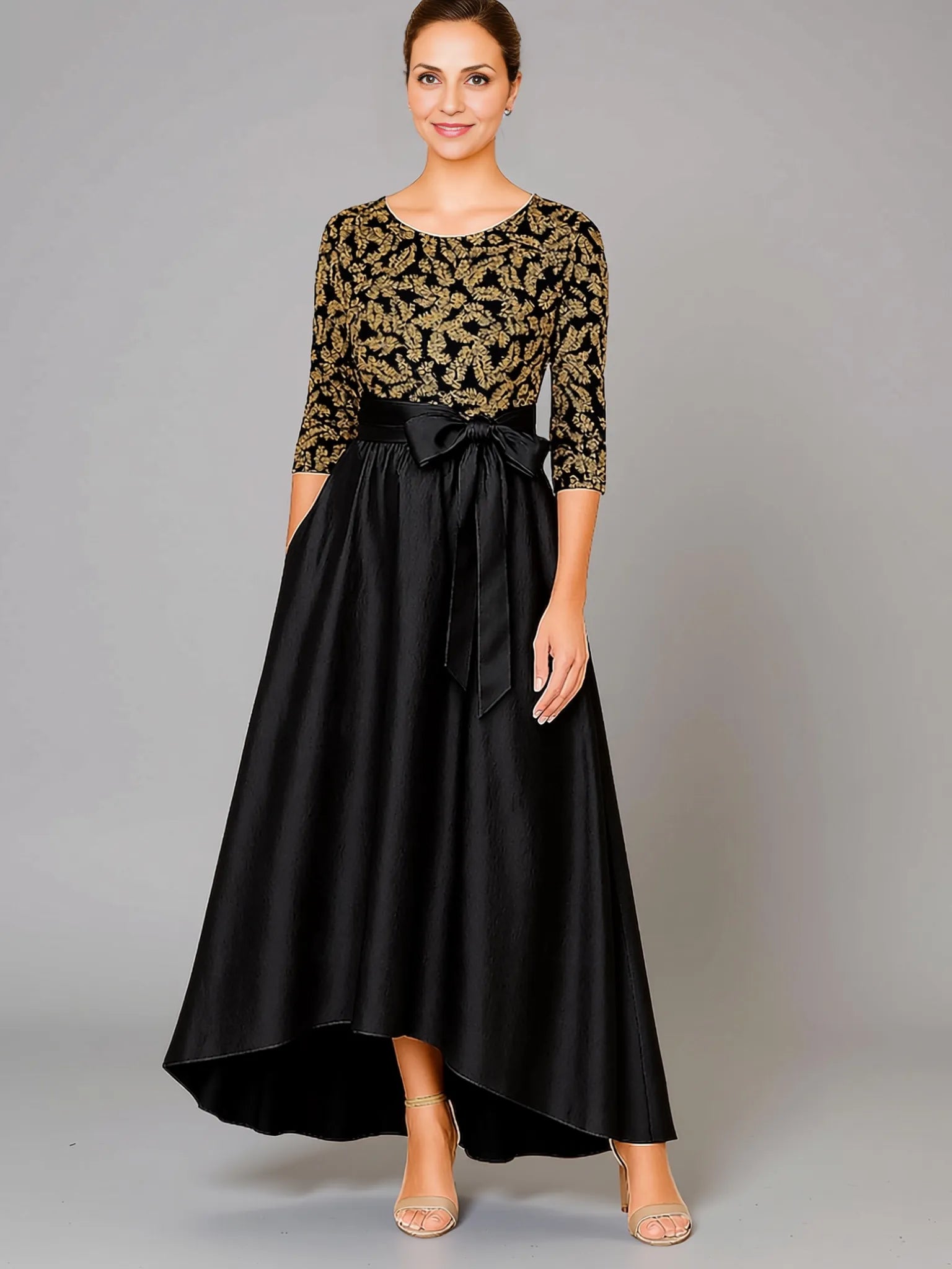 A-Line Long Sleeve Crew Neck Sequins Asymmetrical-Length Mother Of The Bride Dress