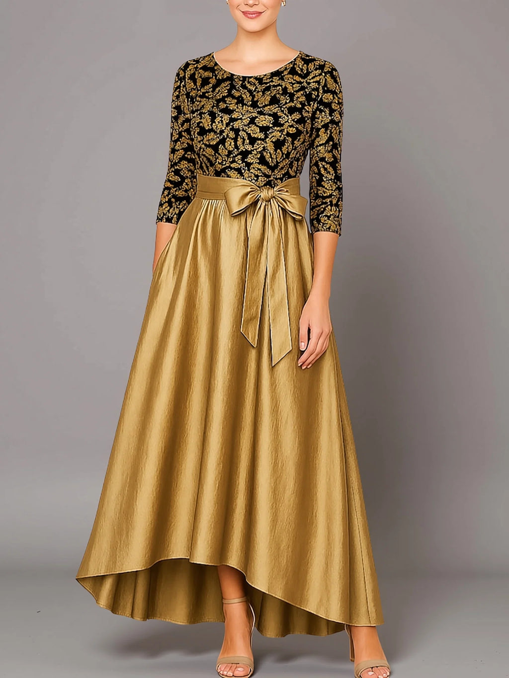 A-Line Long Sleeve Crew Neck Sequins Asymmetrical-Length Mother Of The Bride Dress