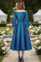 A-Line Long Sleeve V Neck Bow(s) Tea-Length Mother of the Bride Dress