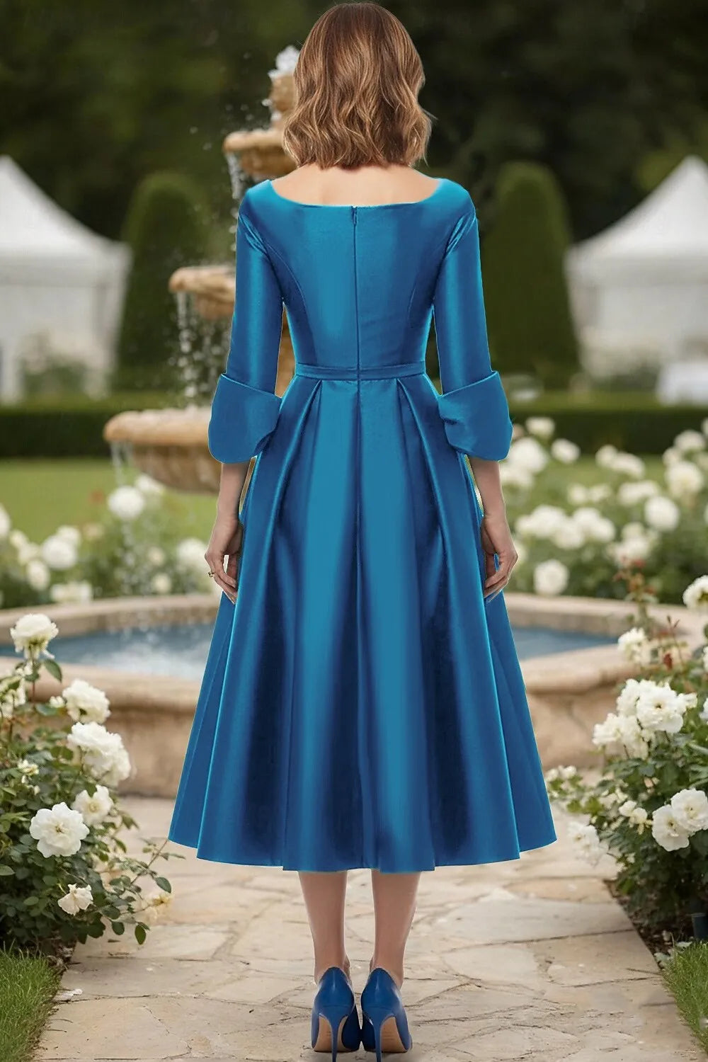 A-Line Long Sleeve V Neck Bow(s) Tea-Length Mother of the Bride Dress