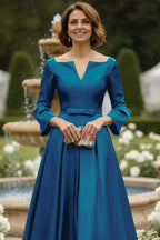 A-Line Long Sleeve V Neck Bow(s) Tea-Length Mother of the Bride Dress