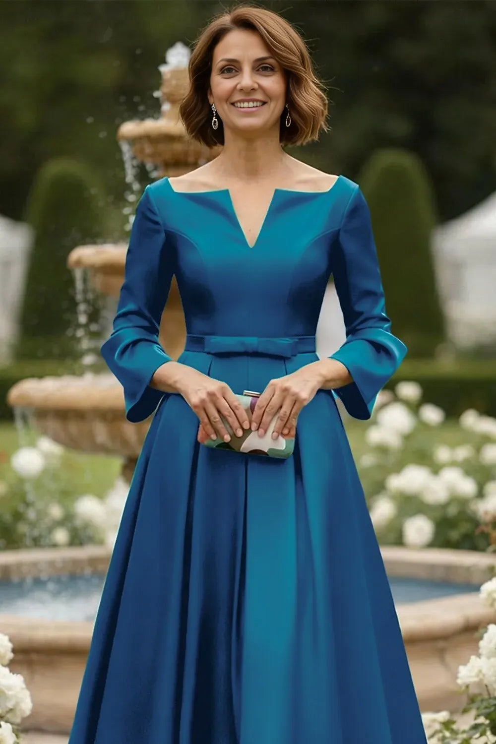 A-Line Long Sleeve V Neck Bow(s) Tea-Length Mother of the Bride Dress
