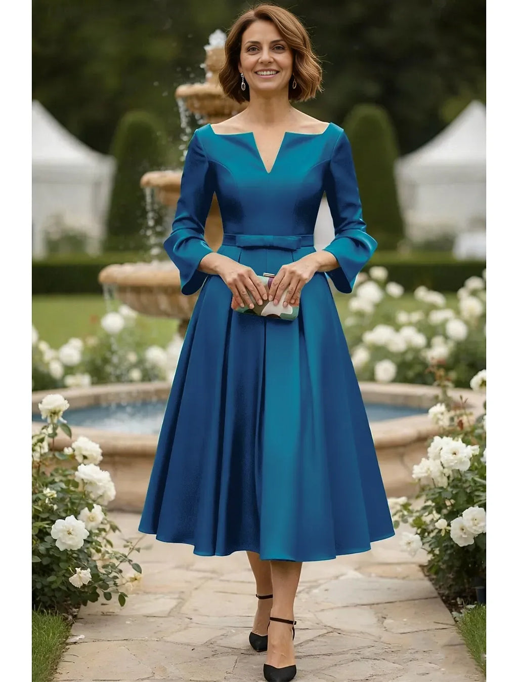 A-Line Long Sleeve V Neck Bow(s) Tea-Length Mother of the Bride Dress